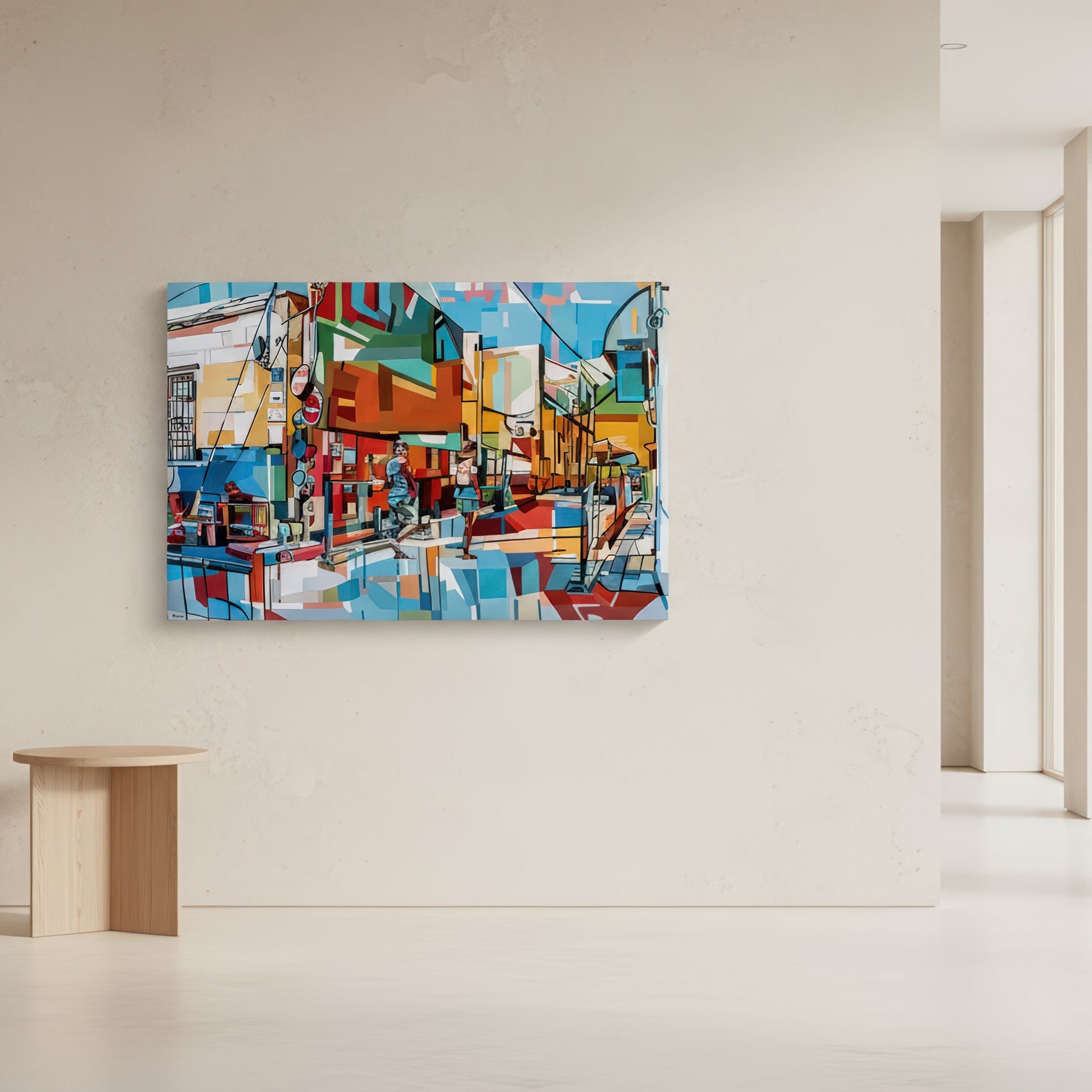 Taking A Tour is a limited edition art print by Noemi Safir depicting an urban street view with two strolling figures, geometric facades, and reflective pavement rendered in a lively palette of blue, orange, red, green, and cream.