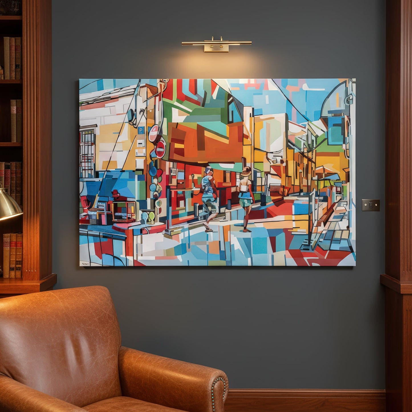 Collectible contemporary cityscape print by Noemi Safir featuring a colorful street scene with two figures walking side by side, surrounded by angular buildings, signs, outdoor furniture, and bright Mediterranean light.