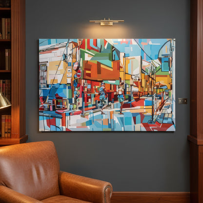 Collectible contemporary cityscape print by Noemi Safir featuring a colorful street scene with two figures walking side by side, surrounded by angular buildings, signs, outdoor furniture, and bright Mediterranean light.