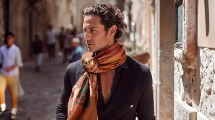 Load video: A sexy man wears NOE MI silk twill scarf. 