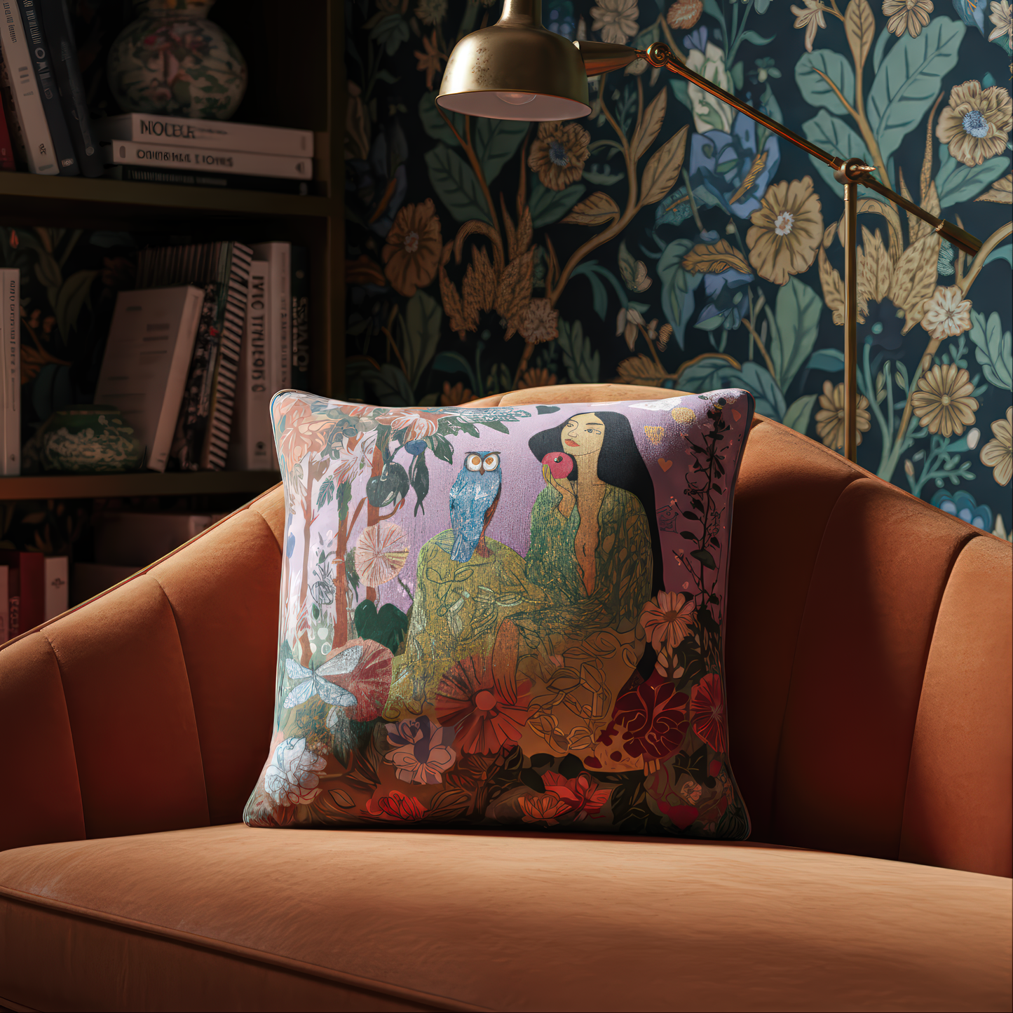 NOE MI square velvet pillow The Owl Knows, combining dreamlike illustration and refined craftsmanship for fashion-forward interiors.