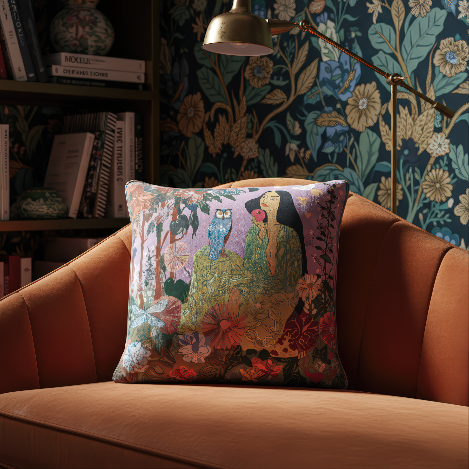 NOE MI square velvet pillow The Owl Knows, combining dreamlike illustration and refined craftsmanship for fashion-forward interiors.