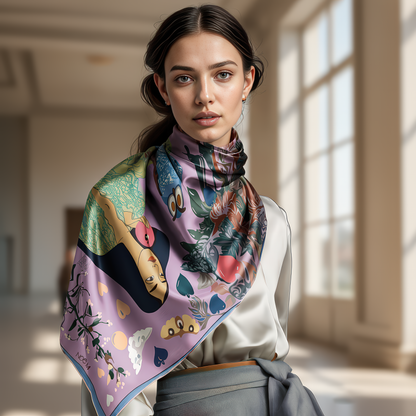 Square silk scarf in rich jewel tones by NOE MI, designed as a storytelling artwork titled The Owl Knows, blending mystery and elegance