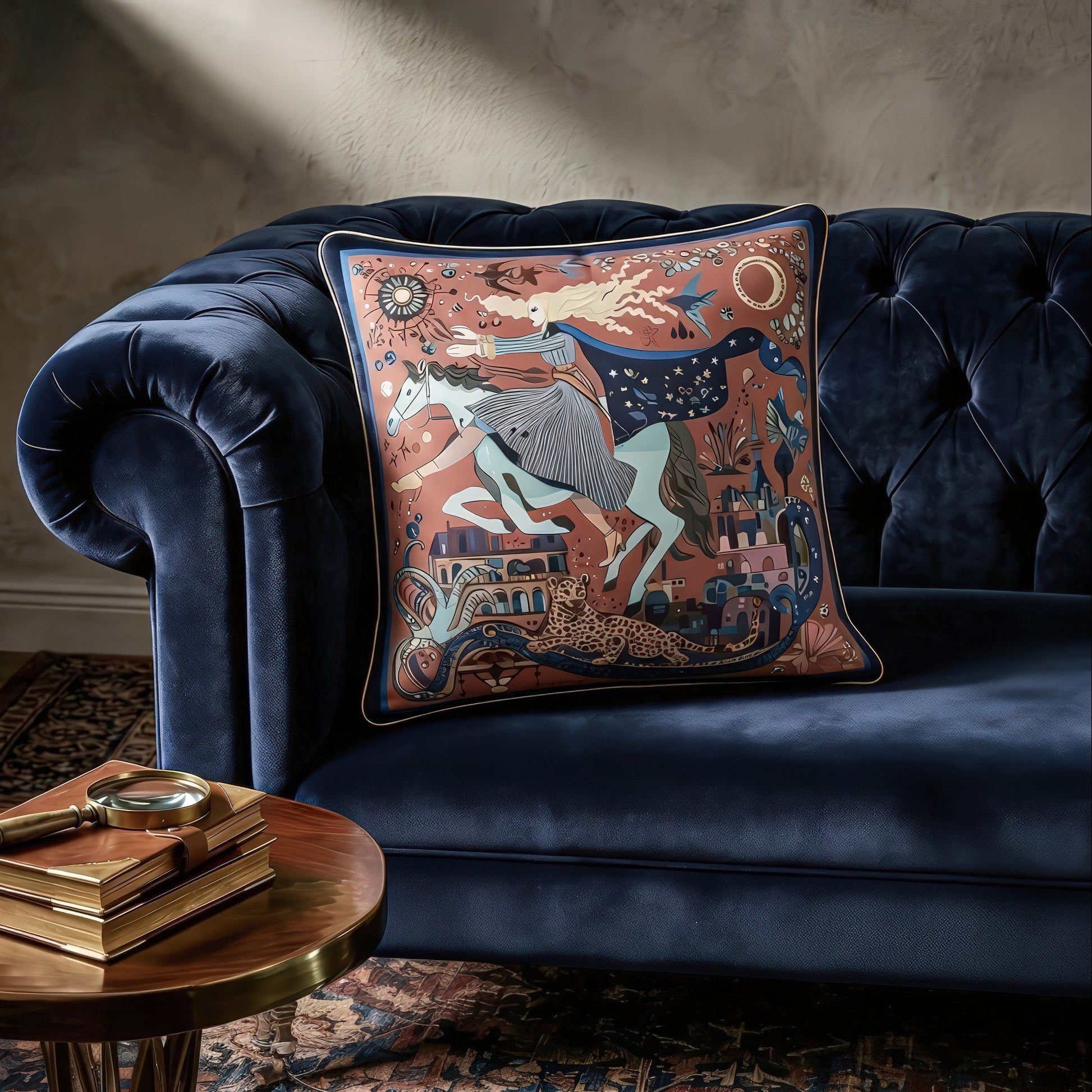 NOE MI luxury decorative pillow with terracotta background, midnight blue cape, and turquoise horse artwork for refined interior styling.