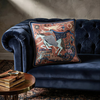NOE MI luxury decorative pillow with terracotta background, midnight blue cape, and turquoise horse artwork for refined interior styling.