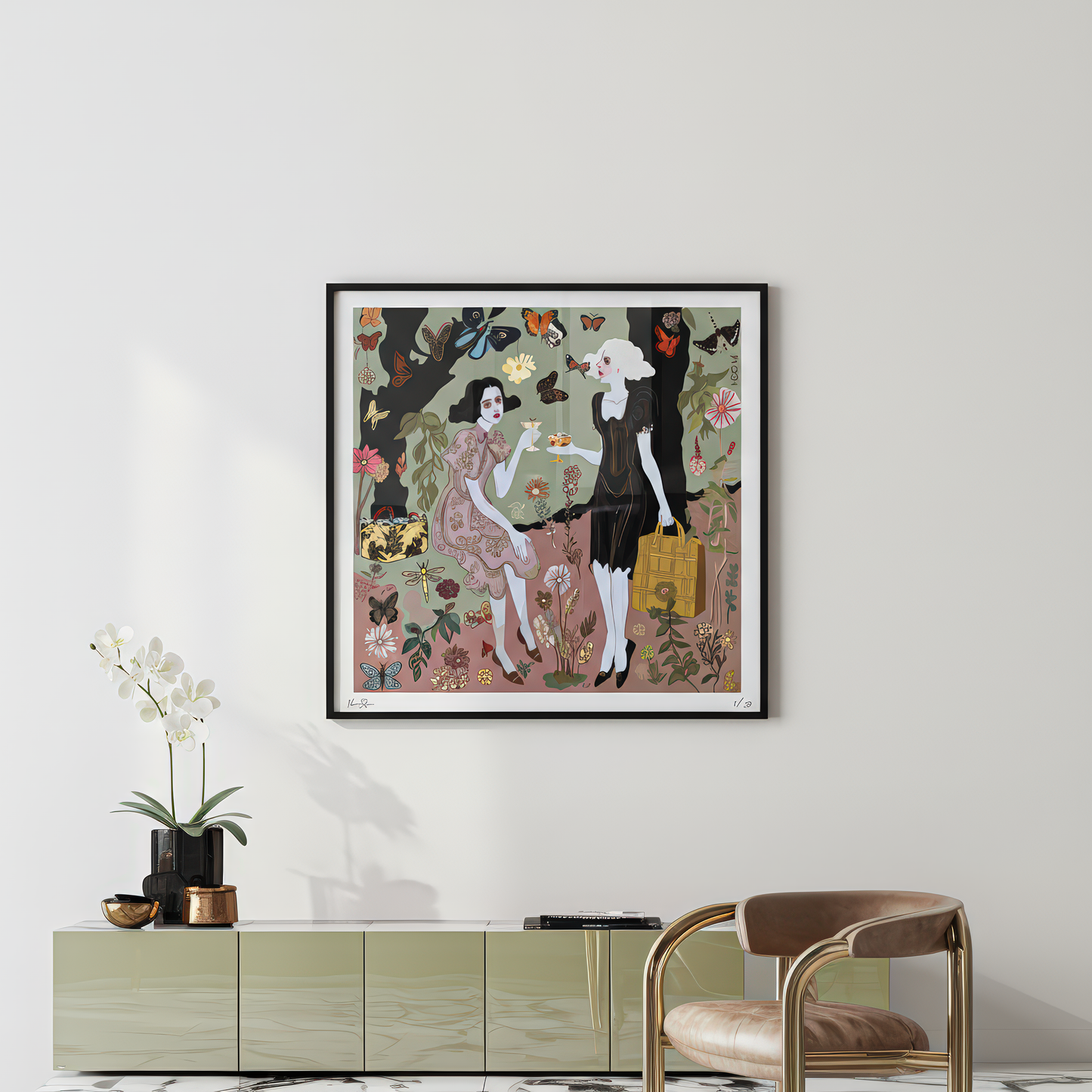 Collectible art print Butterfly Gossip by contemporary artist Noemi Safir, highlighting quiet strength and symbolism. NOE MI brand