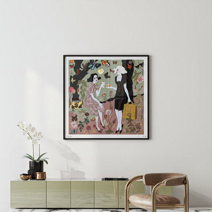 Collectible art print Butterfly Gossip by contemporary artist Noemi Safir, highlighting quiet strength and symbolism. NOE MI brand