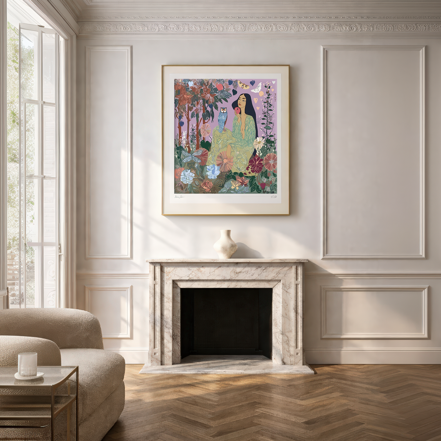 Art print The Owl Knows by NOE MI, with bold, stylized figures and delicate line work, designed for chic reading corners and thoughtful interior design.