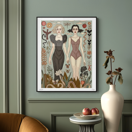Double Flame rectangular wall art with dual women in surreal surroundings, capturing themes of power, sisterhood, and inner fire.  A limited edition print by NOE MI