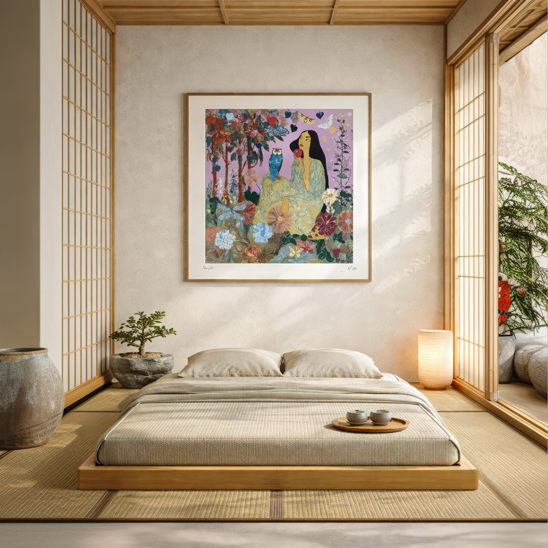 NOE MI collectible wall art featuring an owl and woman, evoking mystery and self-awareness, perfect for modern, curated living spaces.