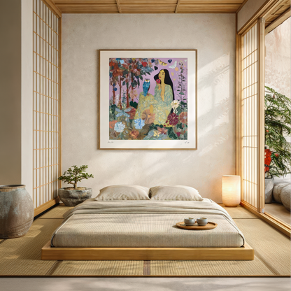 NOE MI collectible wall art featuring an owl and woman, evoking mystery and self-awareness, perfect for modern, curated living spaces.