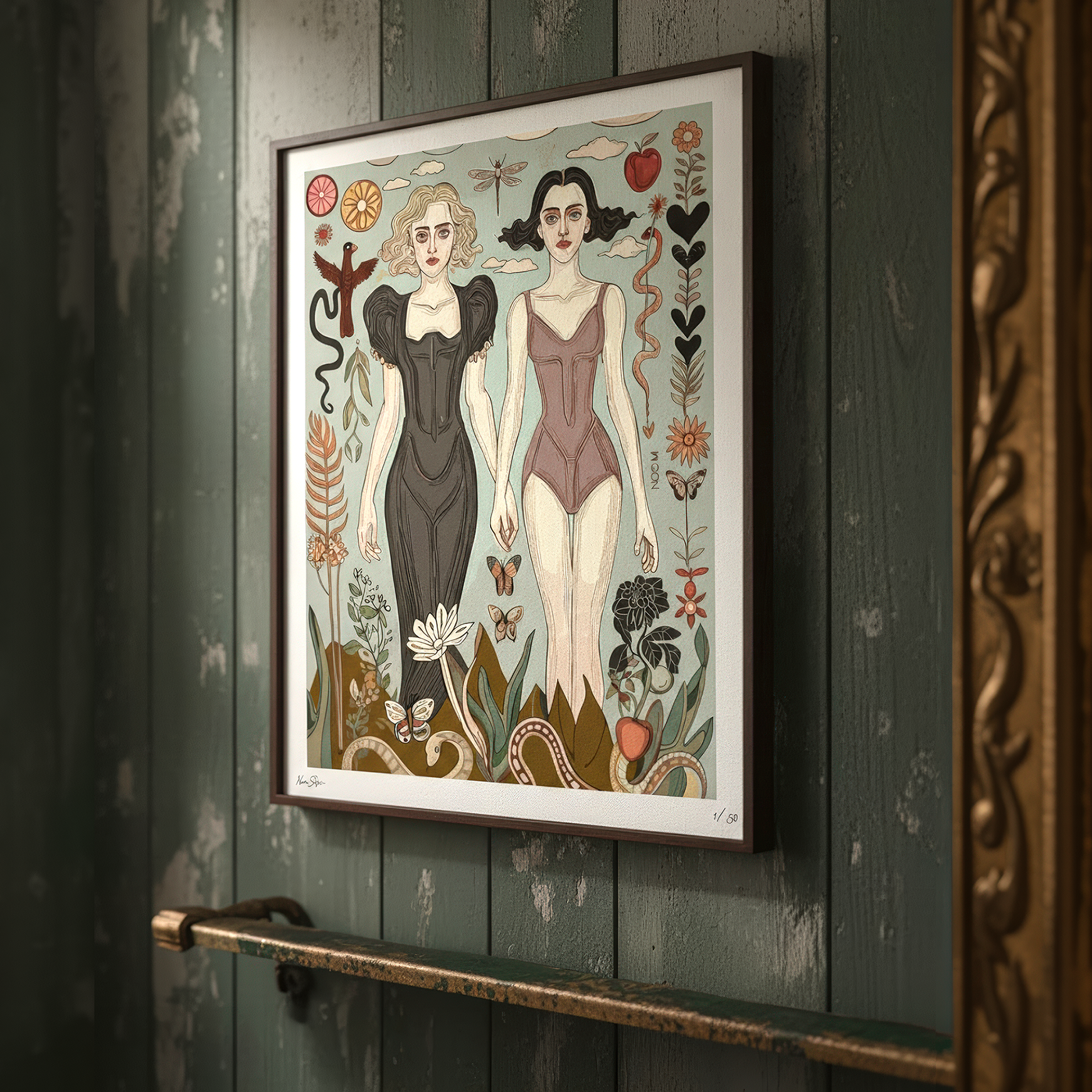 Figurative fine art print with feminine energy and bold symbolism, printed on high-quality archival paper for gallery-style display. Art by NOE MI