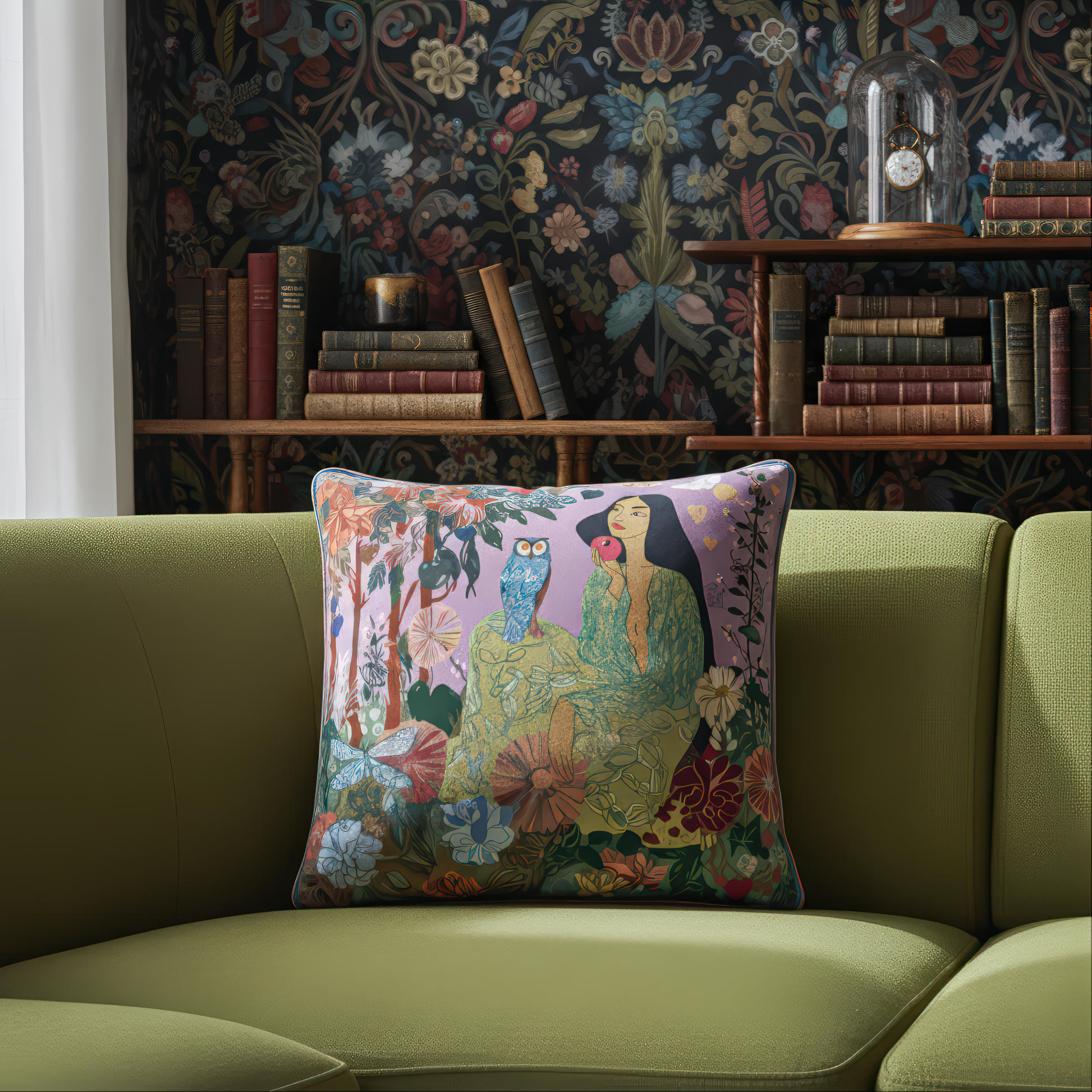 NOE MI fine art cushion The Owl Knows, made for collectors and aesthetes who cherish depth, story, and visual sophistication.