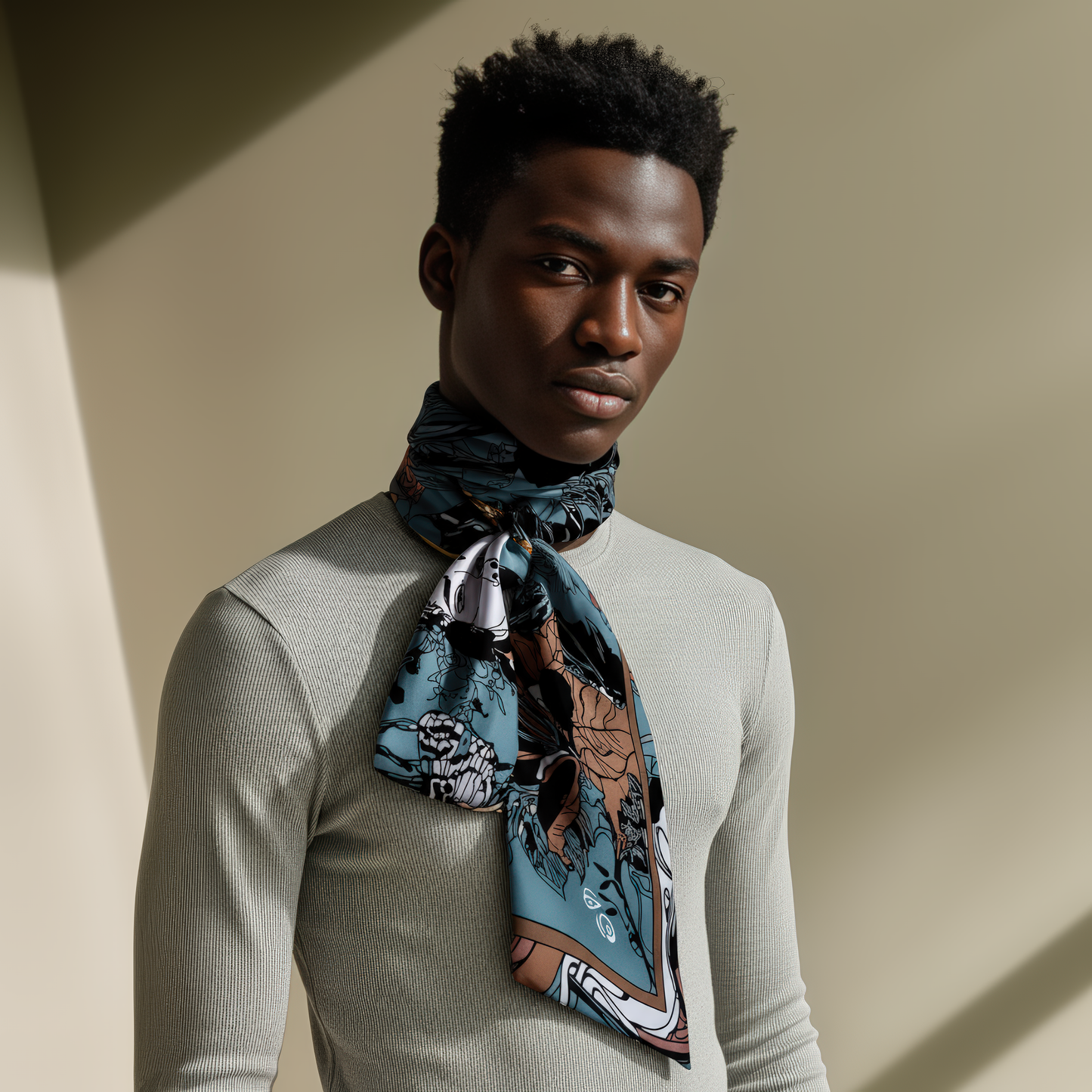 Collector’s scarf for bold women, featuring artwork that blends fantasy, empowerment, and temptation, ideal for styling or framing.