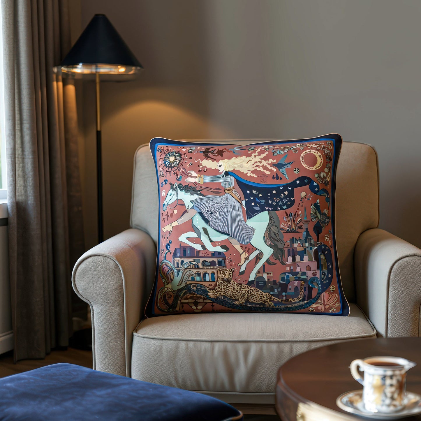 NOE MI The Blue Rider cushion with premium piping finish and soft touch texture perfect for high end bedroom or designer lounge spaces.