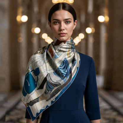 NOE MI square silk scarf in royal blue and neutral tones showcasing a fashion forward female figure with horse and luxury accessories.