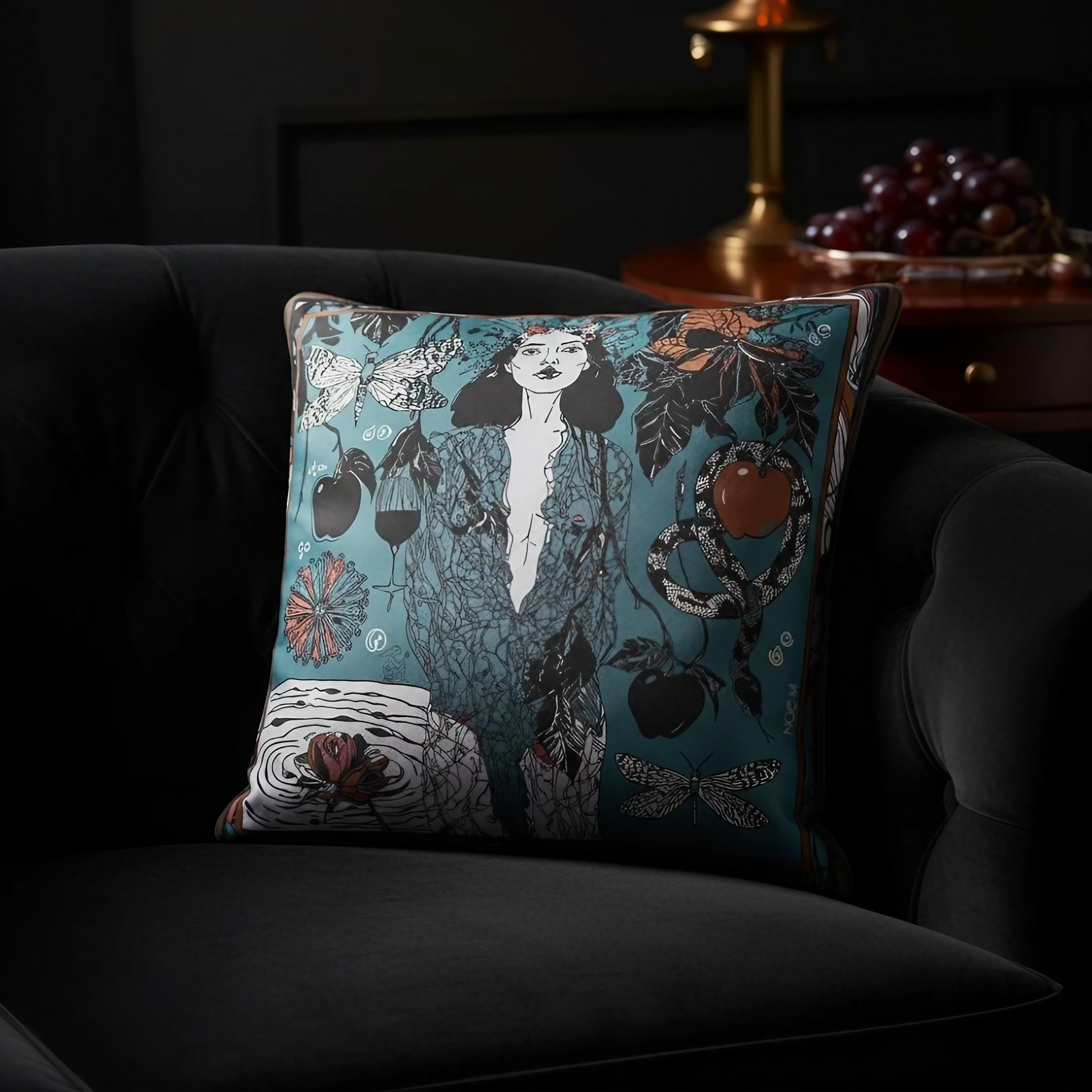 NOE MI square pillow Dark Temptation Night crafted in velvet shimmer with piping edges, featuring dark blue and wine tones, perfect for high end home decor and fashion forward spaces.