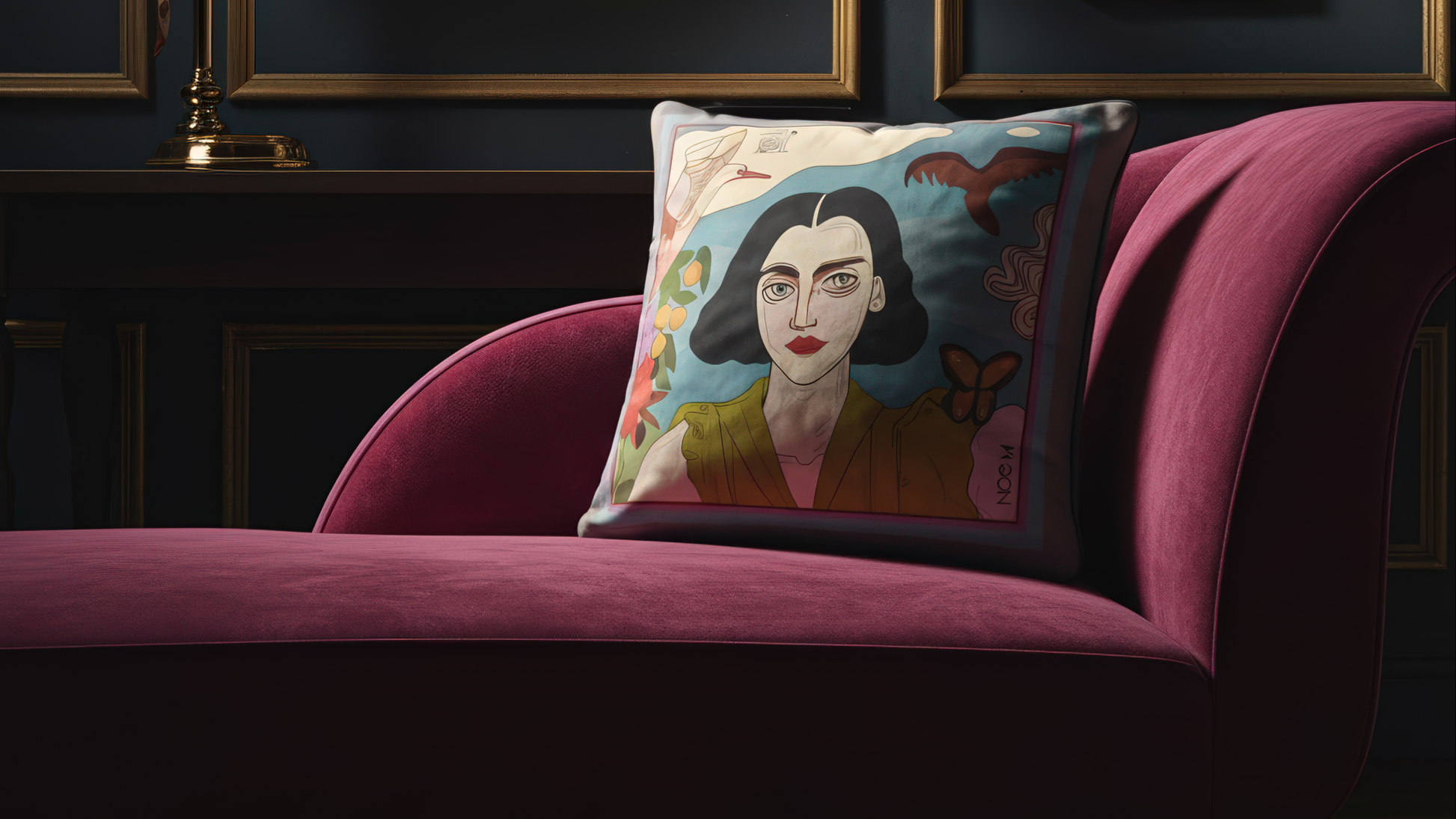 Decorative NOE MI ART pillow with a portrait design on a pink sofa in a room with framed butterfly art on the wall.
