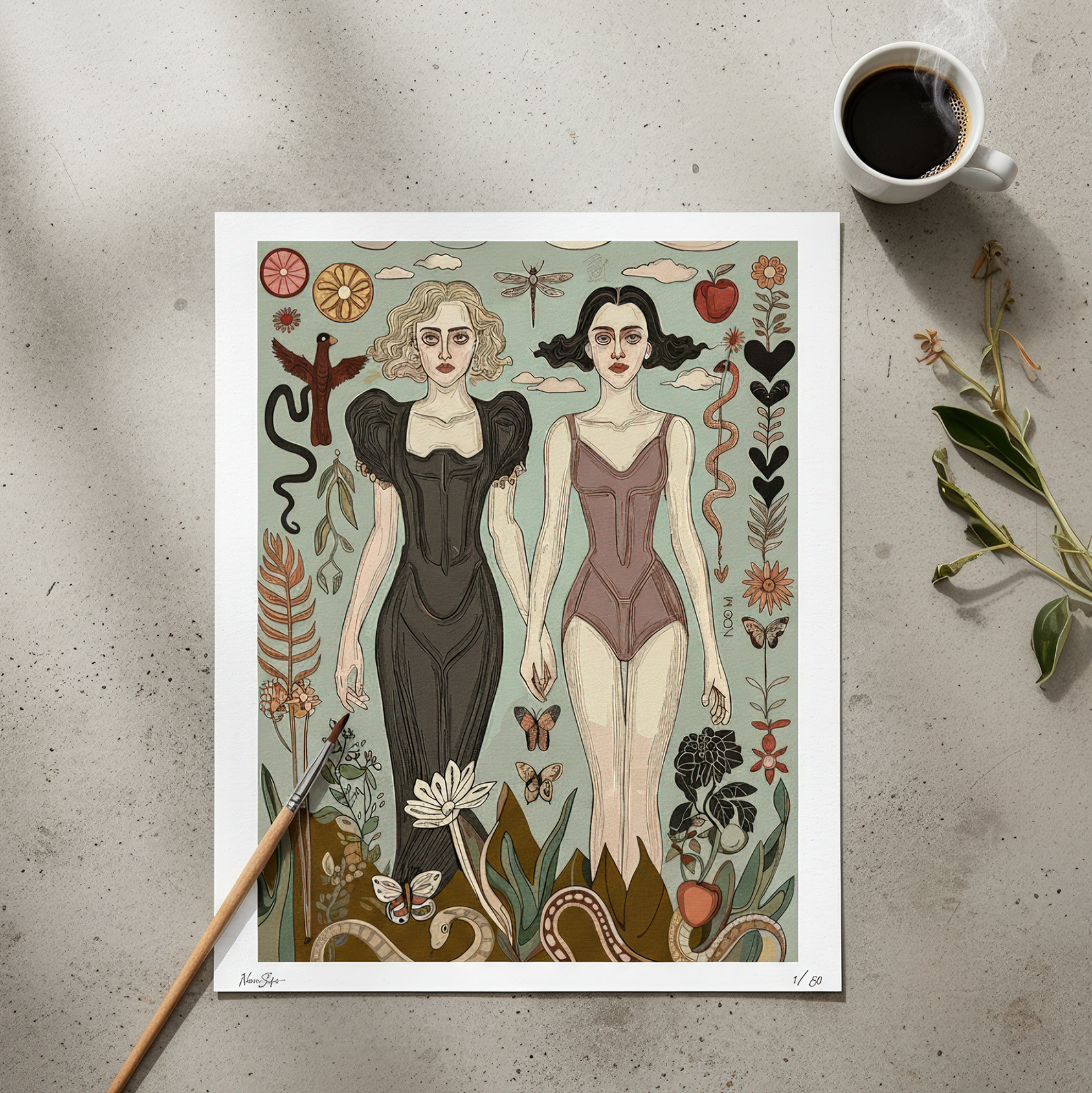 Stylized illustration print with strong female energy, earthy tones, and emotional symbols, designed for contemporary wall display by NOE MI