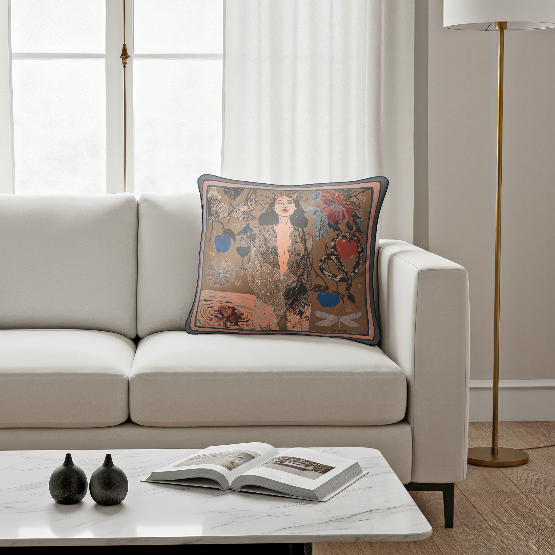 NOE MI 'Smoked Net' velvet cushion, featuring abstract artwork, merging collectible art and quiet luxury for interiors.
