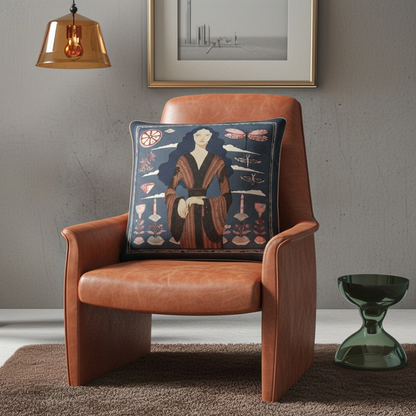 NOE MI modern home decor cushion with artistic illustration and elegant color composition in blue hues