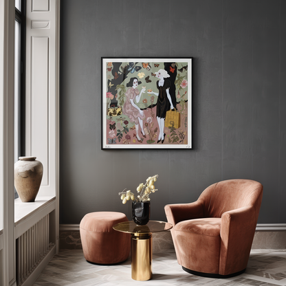 Decor inspiration: Butterfly Gossip fine art print in a modern living room, bringing emotional storytelling to the space.