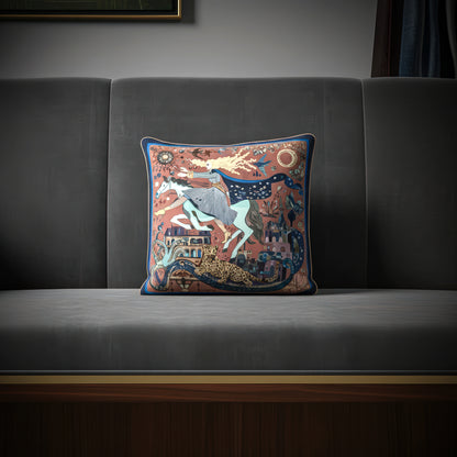 NOE MI art cushion The Blue Rider combining celestial symbolism, leopard motif, and architectural elements for elevated luxury home decor.