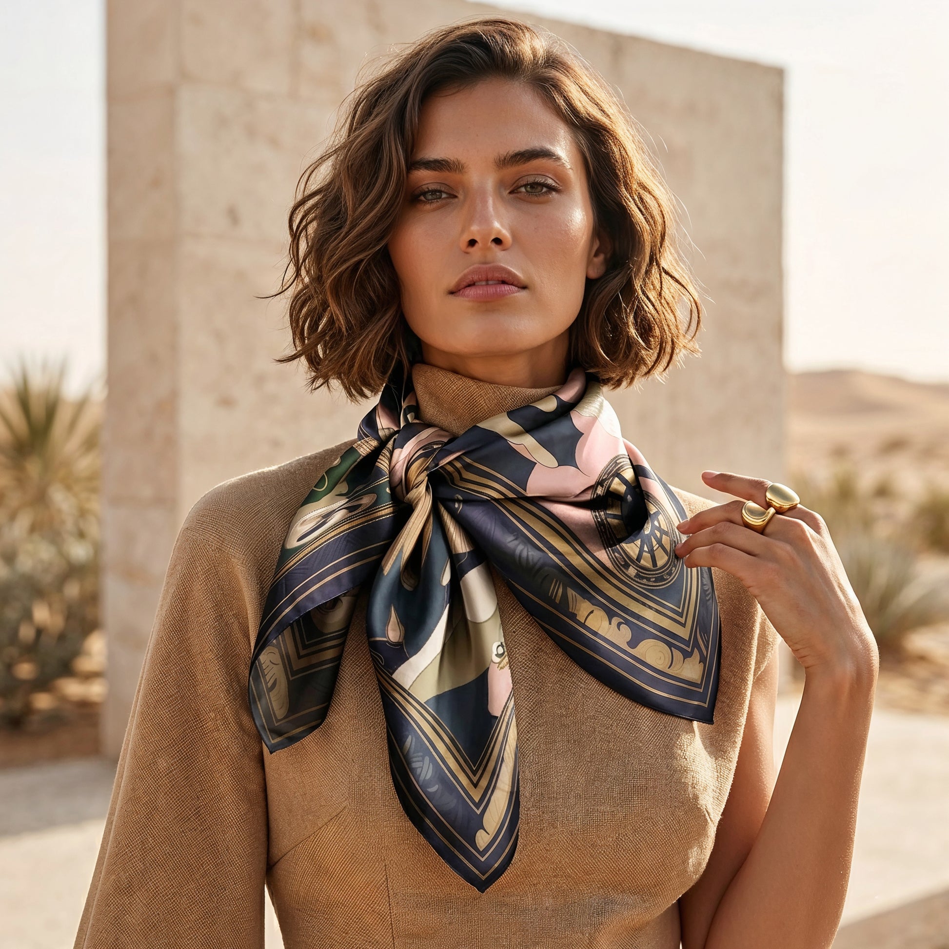 NOE MI silk scarf Golden Threads Emerald featuring a feminine portrait with layered symbolic design, created as a statement accessory for modern elegant and artistic women.