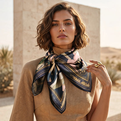 NOE MI silk scarf Golden Threads Emerald featuring a feminine portrait with layered symbolic design, created as a statement accessory for modern elegant and artistic women.