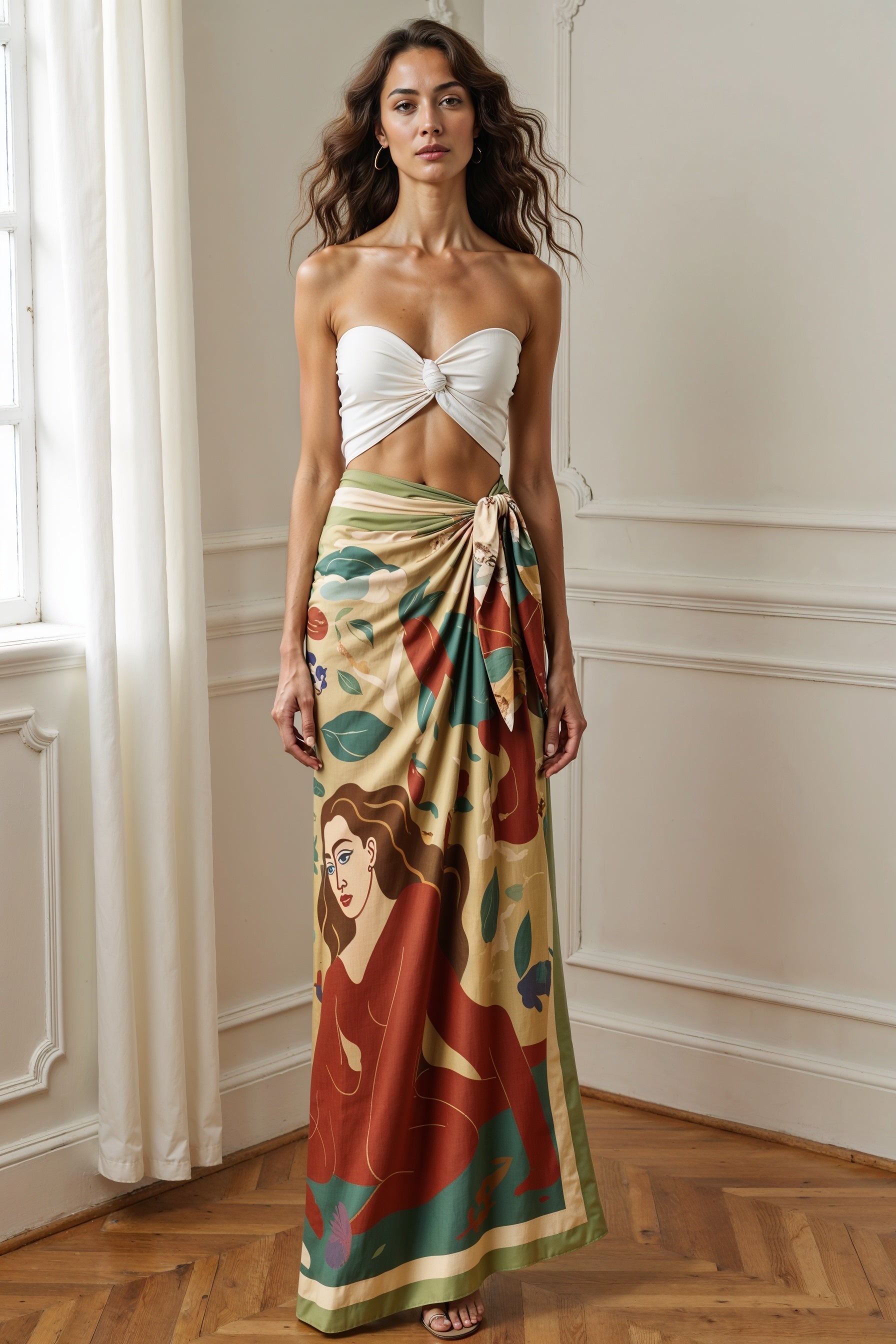 Woman wearing a colorful ART chiffon pareo by NOE MI with a floral pattern in a room with wooden flooring and white walls.