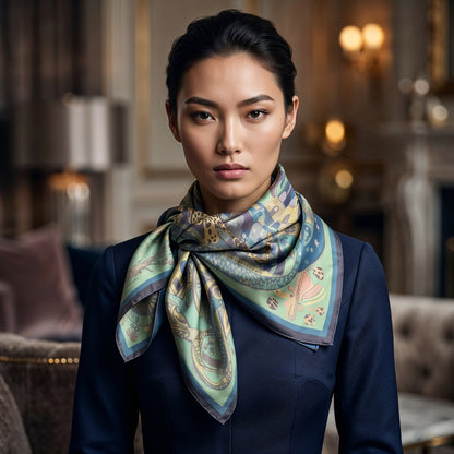 NOE MI The Blue Rider luxury silk scarf in pastel mint green, powder blue, and soft peach tones featuring a woman riding a stylized horse for elegant fashion styling.