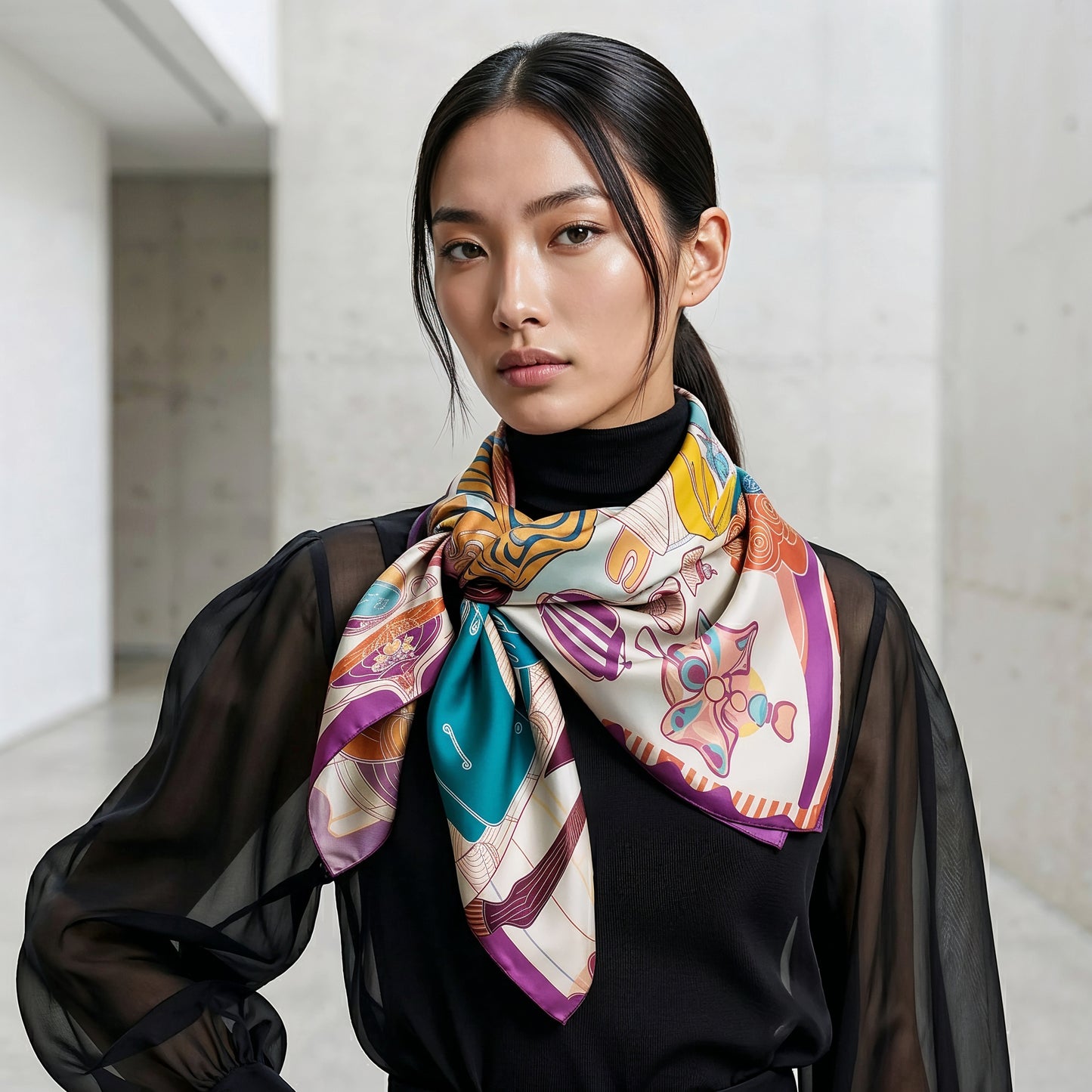 NOE MI high end silk twill scarf designed for women who love expressive color, artistic fashion, and luxury accessories.