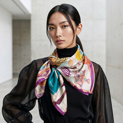 NOE MI high end silk twill scarf designed for women who love expressive color, artistic fashion, and luxury accessories.