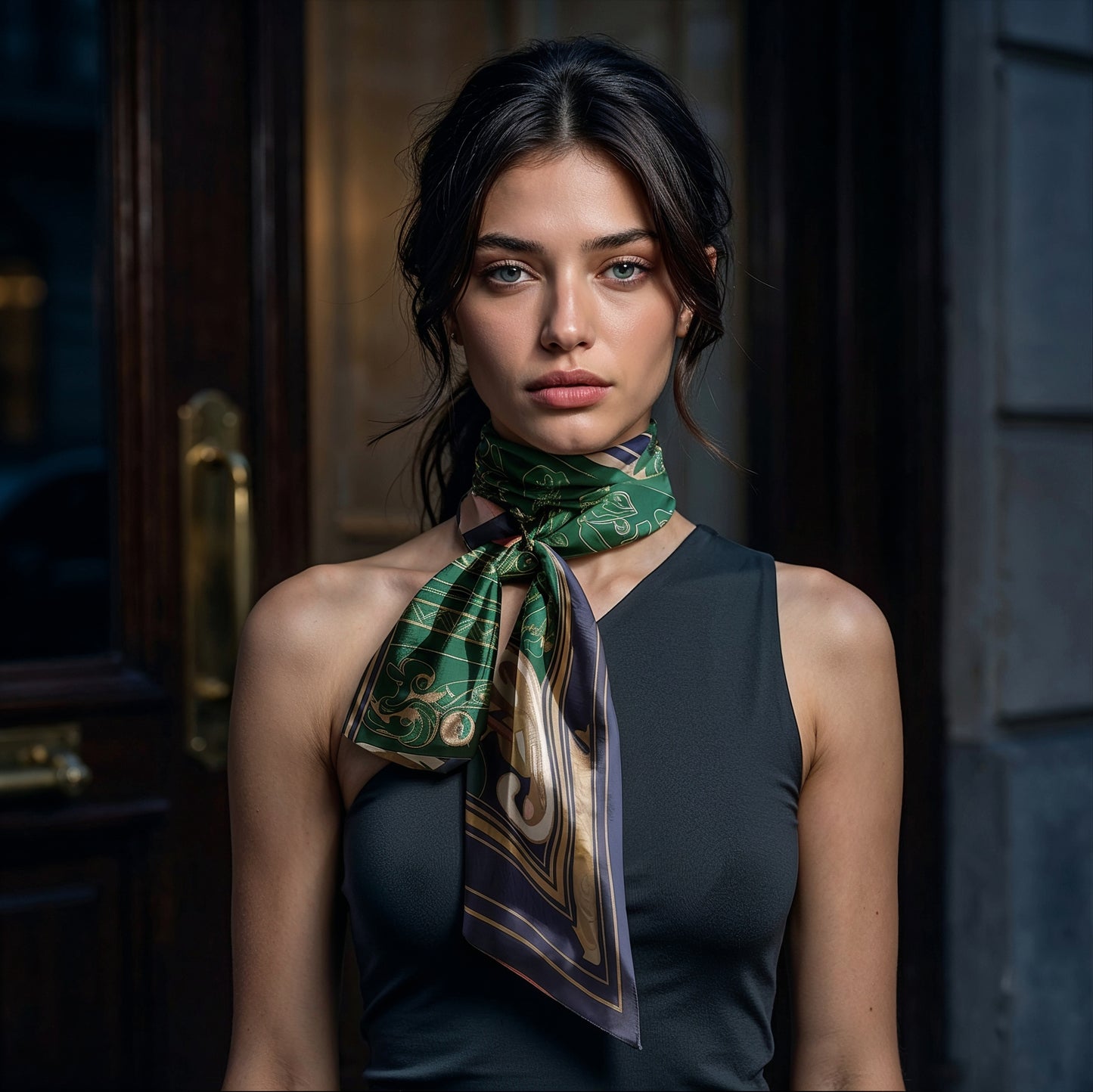 NOE MI designer silk scarf Golden Threads Emerald combining refined green tones, delicate line illustration, and symbolic motifs, ideal for sophisticated wardrobes and artistic expression.