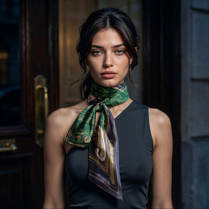 NOE MI designer silk scarf Golden Threads Emerald combining refined green tones, delicate line illustration, and symbolic motifs, ideal for sophisticated wardrobes and artistic expression.