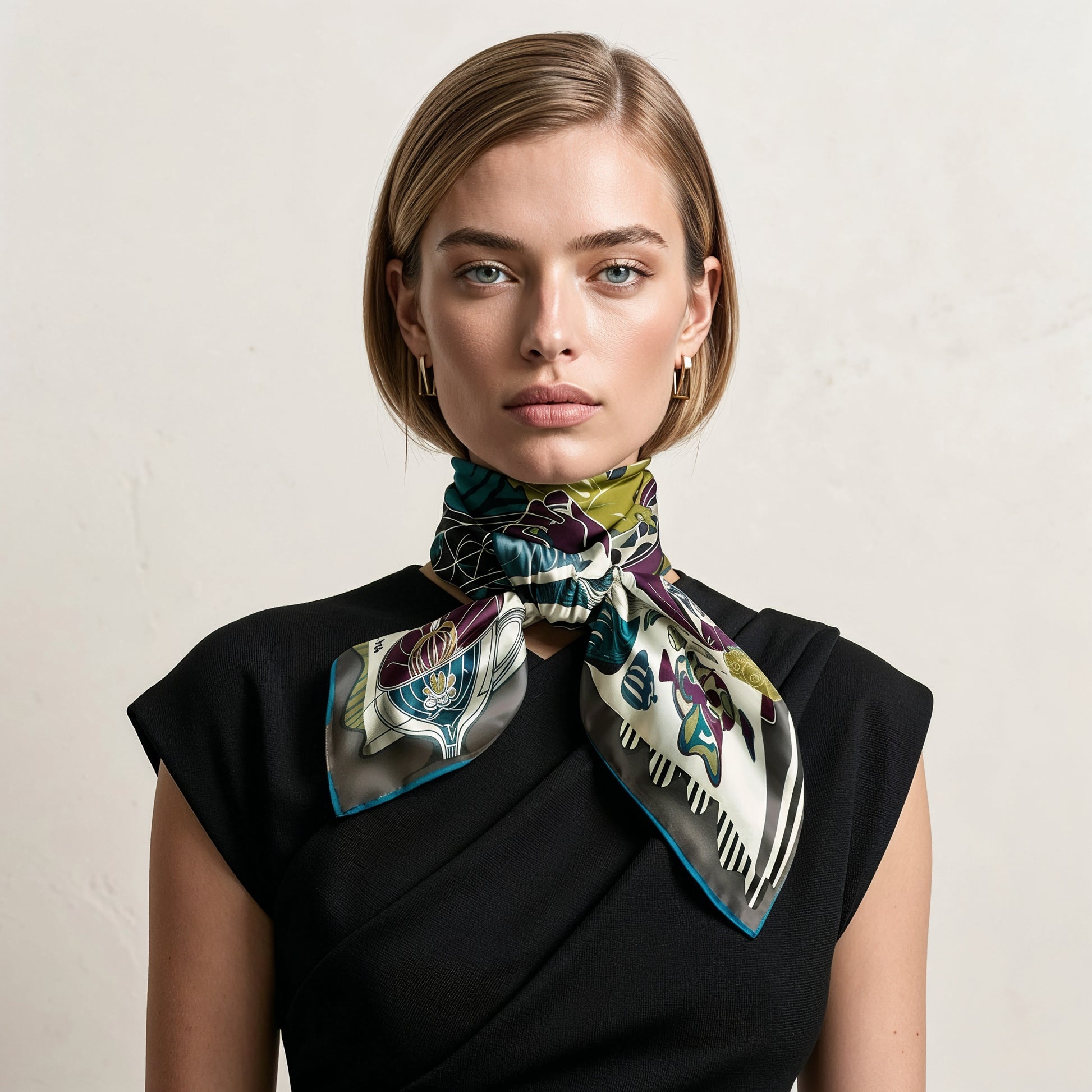 NOE MI Porcelain Tension Noir Ritual silk scarf is a luxury silk twill scarf combining brown, ink, and soft neutral tones ideal for women who love quiet luxury fashion.