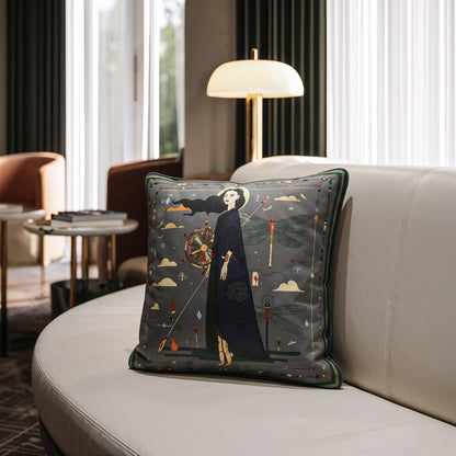 NOE MI decorative pillow in deep navy, black, and muted gold tones perfect for sofas, beds, and stylish living spaces.