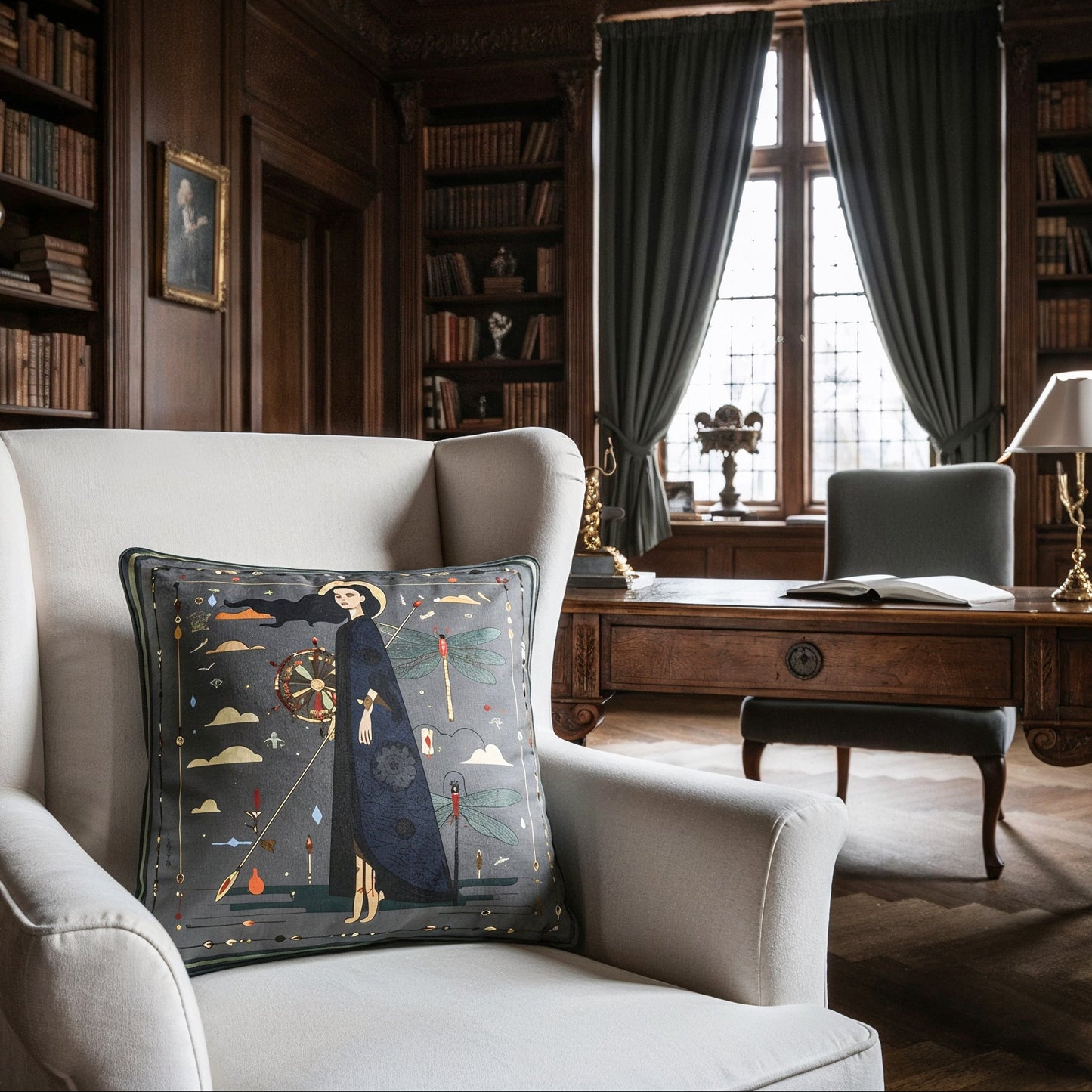 NOE MI premium square cushion featuring artistic navigation motif and dark elegant colors for statement home styling.