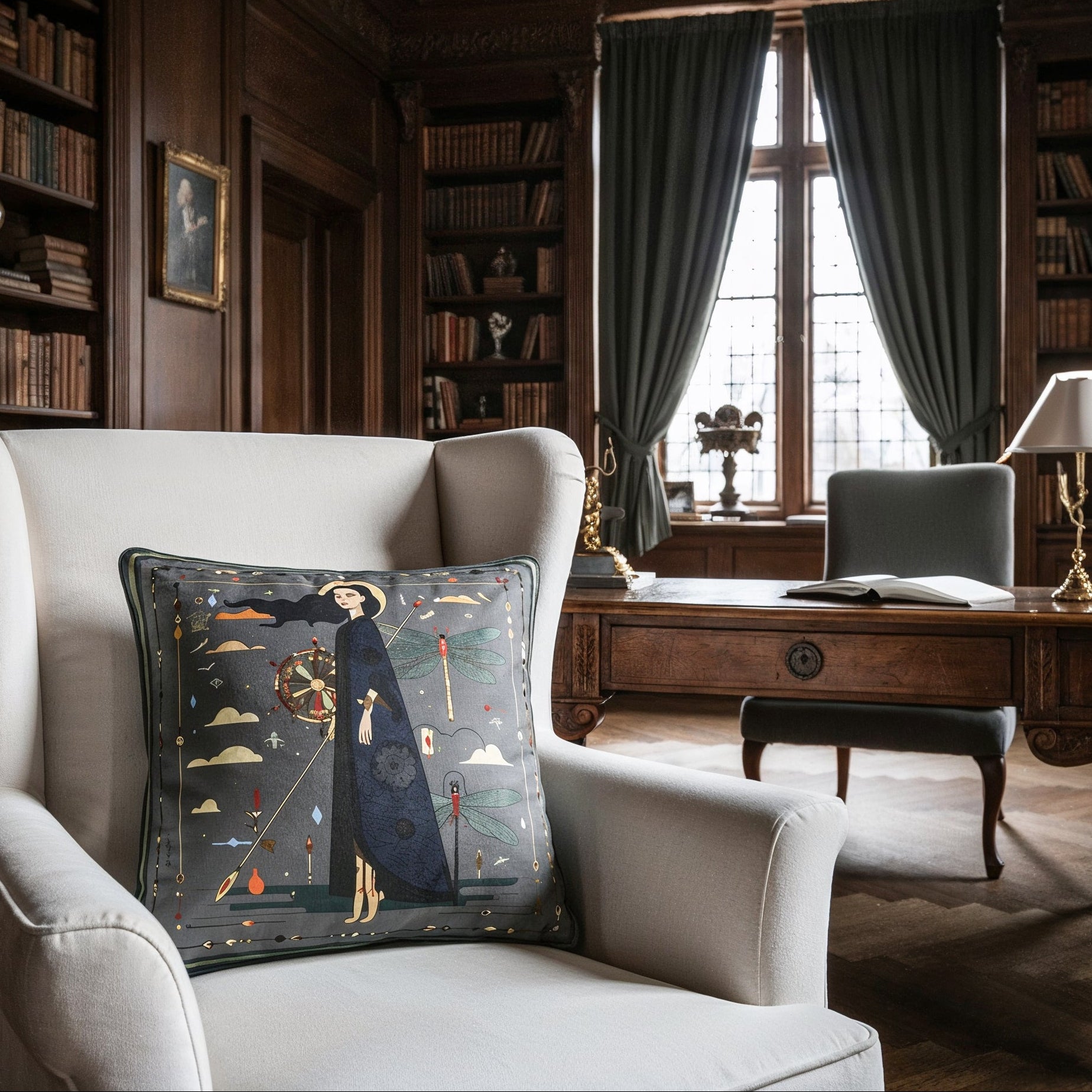 NOE MI premium square cushion featuring artistic navigation motif and dark elegant colors for statement home styling.