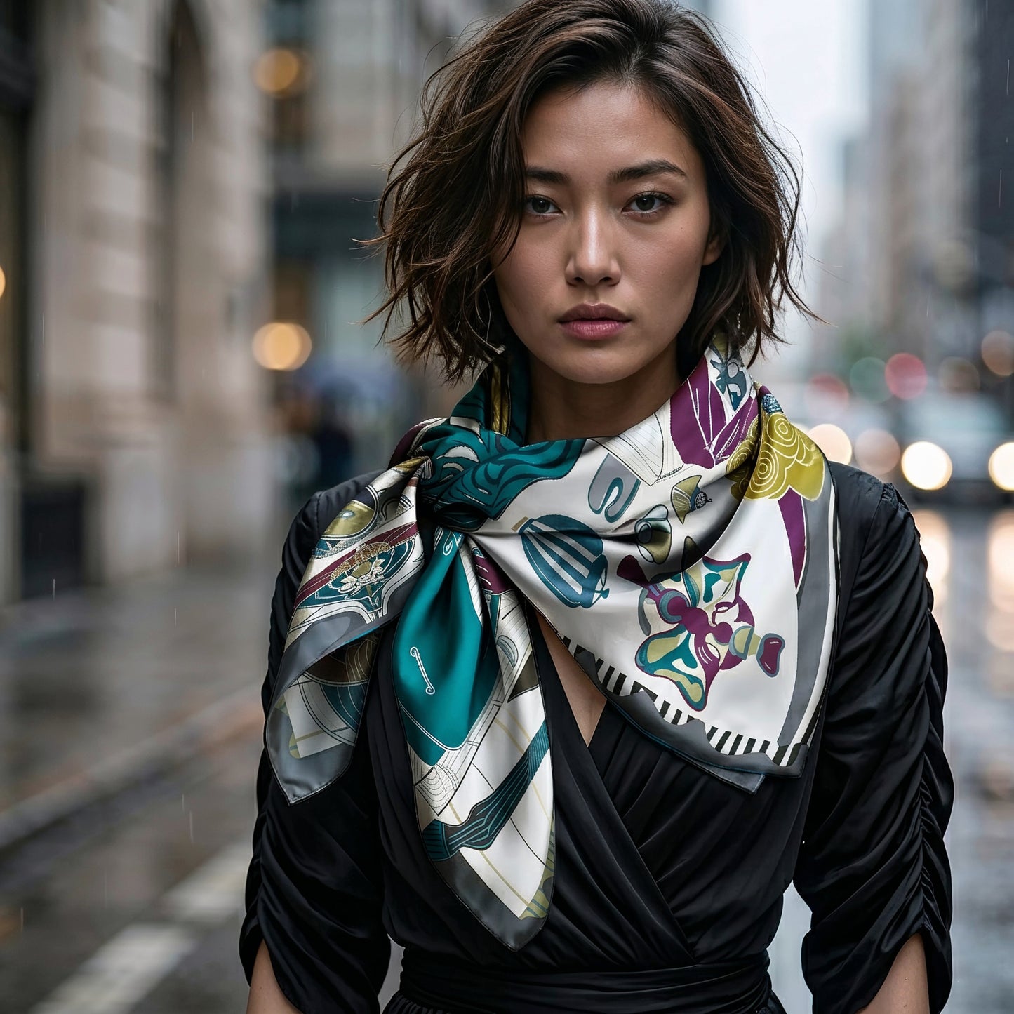 NOE MI Porcelain Tension Noir silk scarf is a square silk scarf designed to be worn as a neck scarf, headscarf, or handbag accessory in sophisticated outfits.