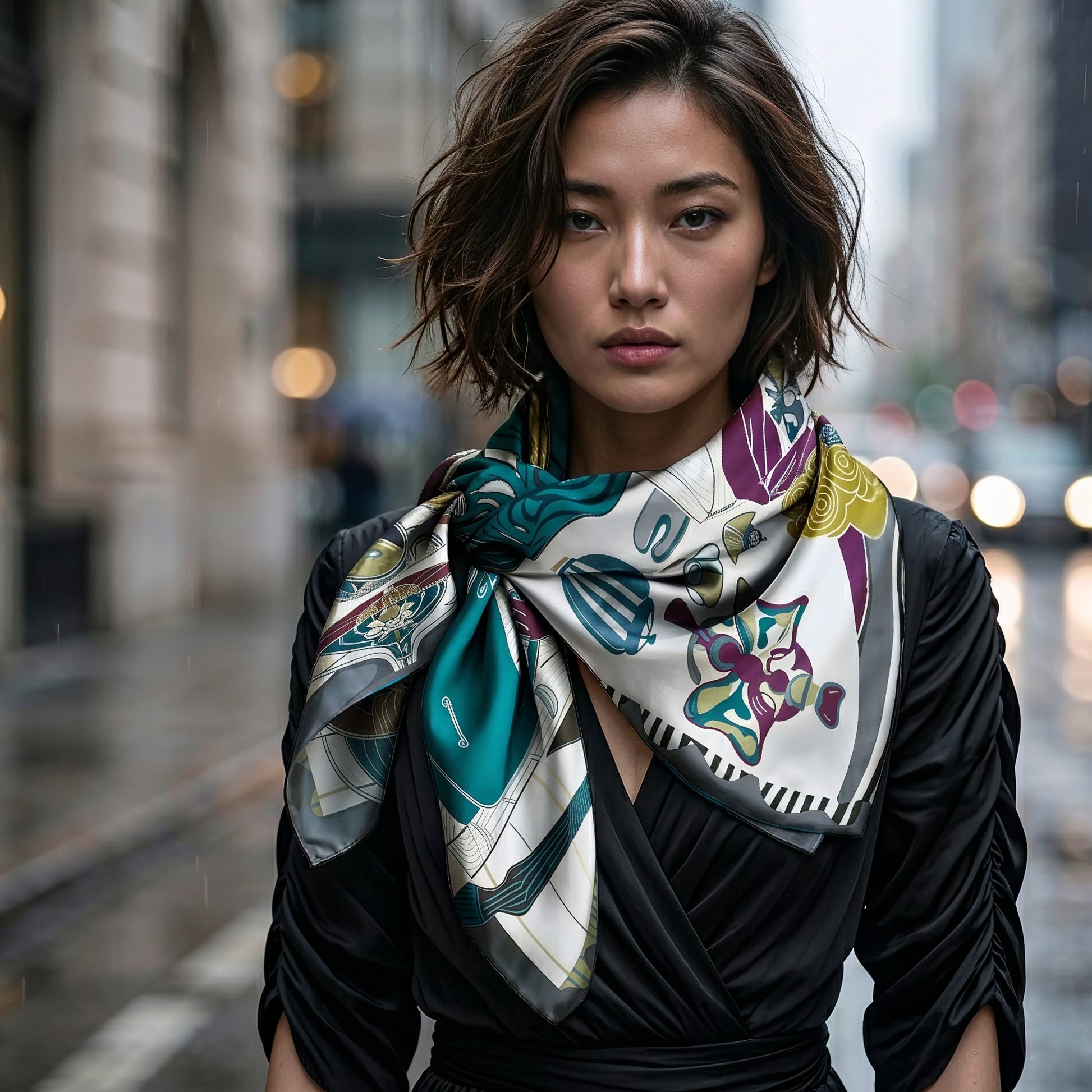 NOE MI Porcelain Tension Noir silk scarf is a square silk scarf designed to be worn as a neck scarf, headscarf, or handbag accessory in sophisticated outfits.