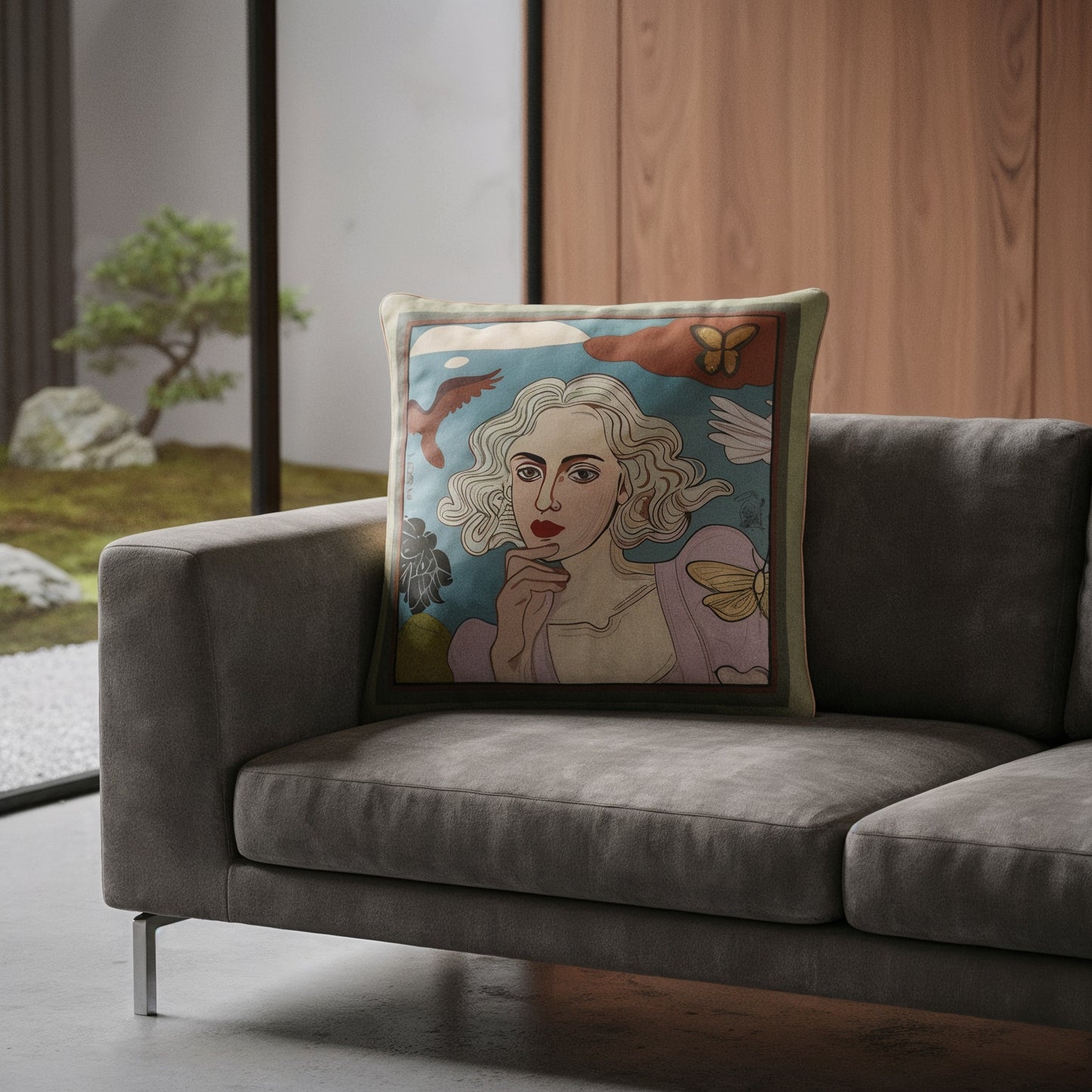 Designed for homes filled with meaning and layers of personal style, this luxurious printed cushion from NOE MI blends fashion and fine art.