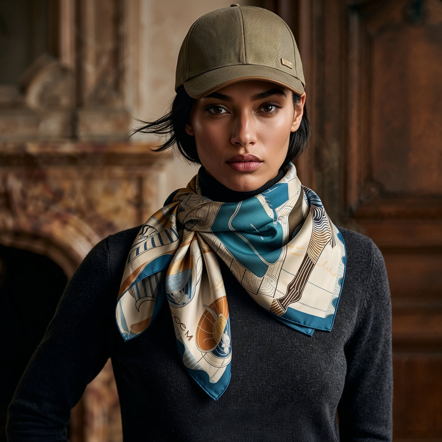 NOE MI luxury silk scarf Porcelain Tension styled as neck scarf, headscarf, or handbag accessory with refined equestrian inspired design.