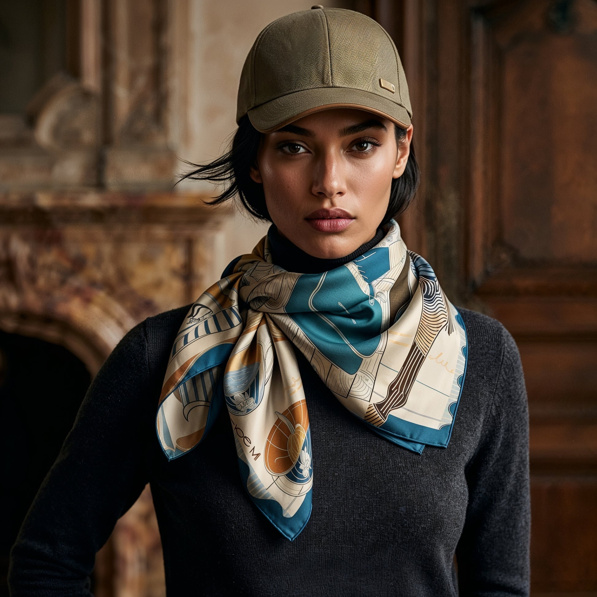 NOE MI luxury silk scarf Porcelain Tension styled as neck scarf, headscarf, or handbag accessory with refined equestrian inspired design.