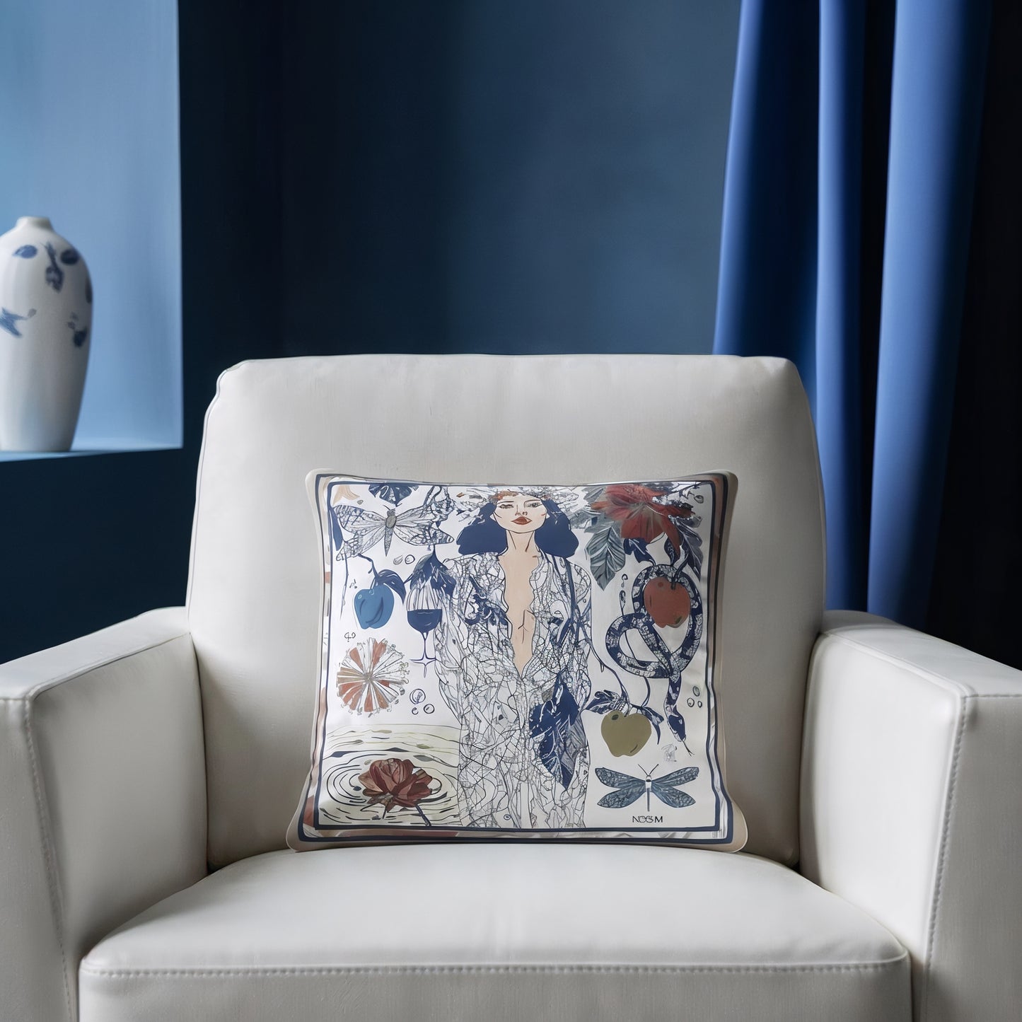 NOE MI Dark Temptation Mediterranean cushion is a premium designer cushion combining deep blue accents with warm earthy tones for balanced interior design.