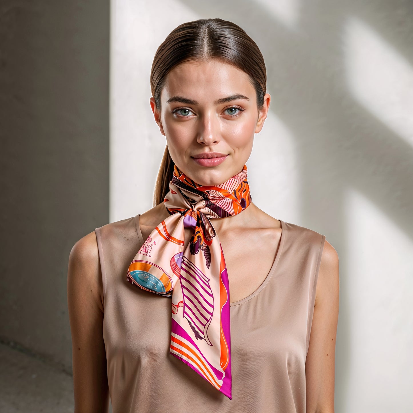 NOE MI luxury silk scarf Porcelain Tension Tropic styled as neck scarf, headscarf, or handbag accessory with bold tropical hues.