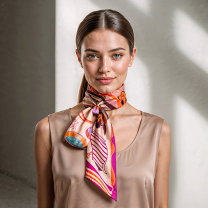 NOE MI luxury silk scarf Porcelain Tension Tropic styled as neck scarf, headscarf, or handbag accessory with bold tropical hues.