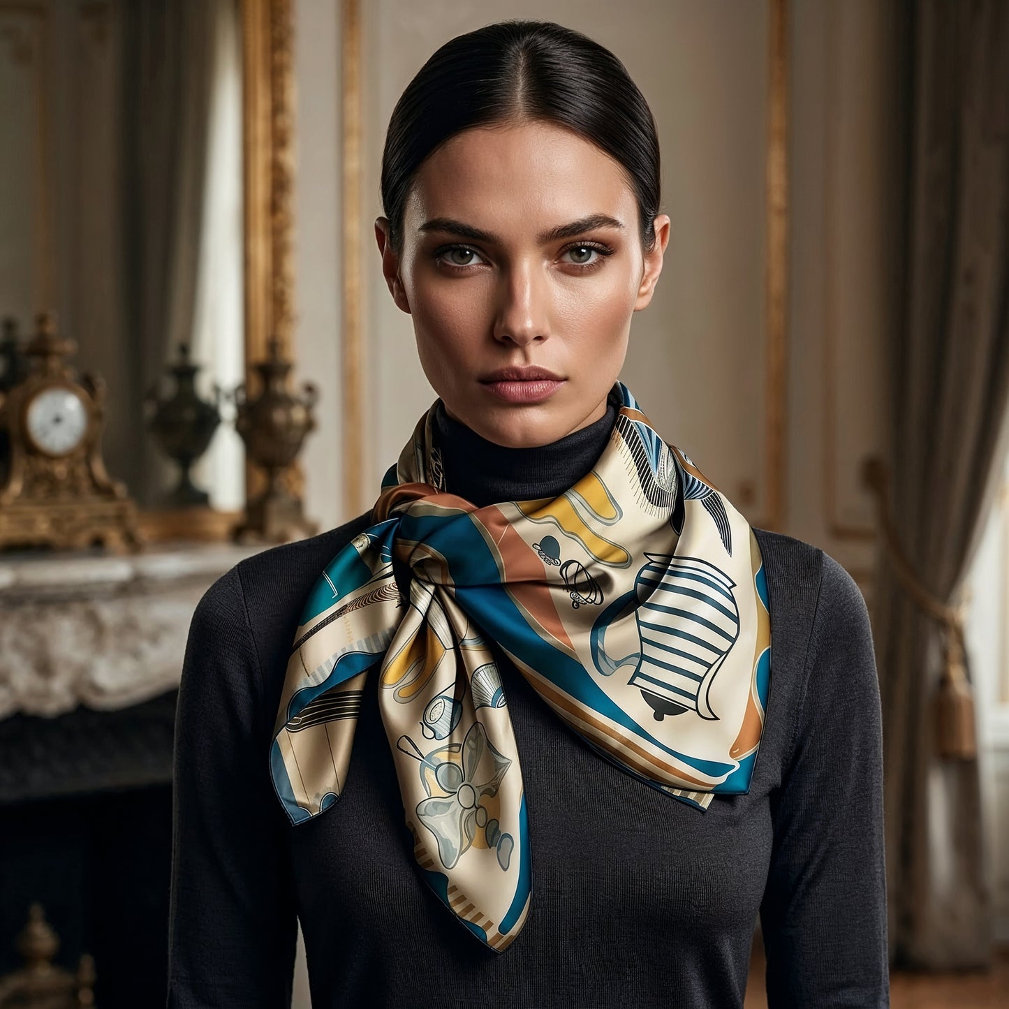 NOE MI wearable art silk scarf featuring horse, teacups, and sculptural objects in a minimal yet powerful color palette.