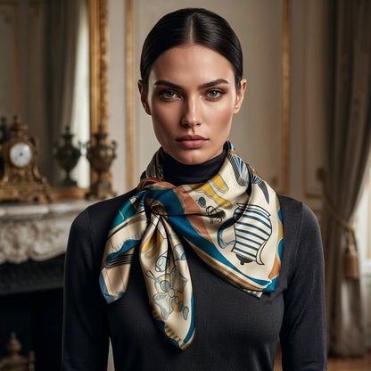 NOE MI wearable art silk scarf featuring horse, teacups, and sculptural objects in a minimal yet powerful color palette.