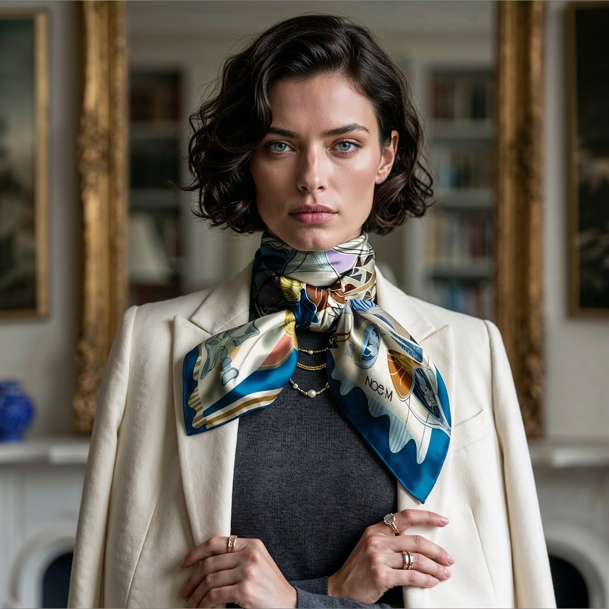 NOE MI high end silk twill scarf designed for women who love structured elegance, artistic fashion, and luxury accessories.